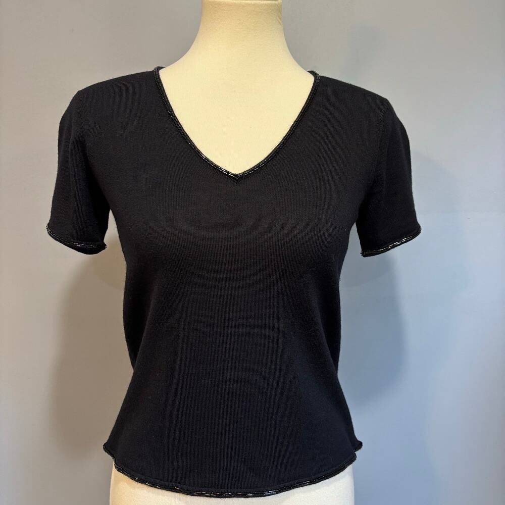 Vtg Jones New York Merino Wool Beaded Short Sleeve Knit Sweater Top Black  S